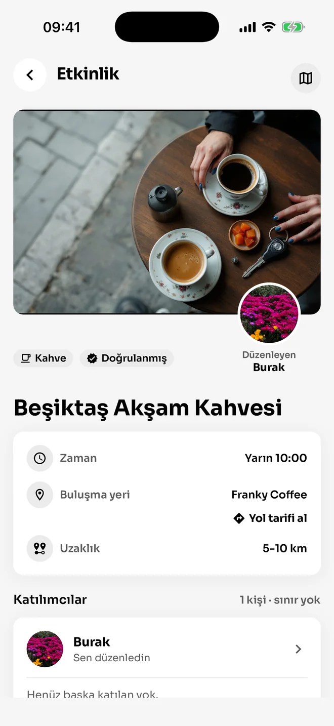 Etkinlik ayrıntısı: zaman, buluşma yeri, uzaklık ve katılımcılar